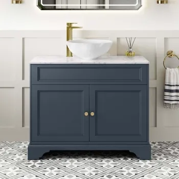 Lucia Inky Blue Vanity with Marble Top & Round Counter Top Basin 1030mm - Brushed Brass Accents