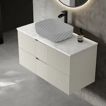 Crete Fluted Linen White Wall Hung Drawer Vanity with Marble Top 1000mm - Excludes Counter Top Basin