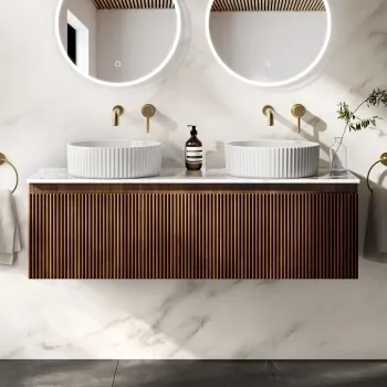 Malta Fluted Black Walnut Double Wall Hung Drawer Vanity with Marble Top & Nevis Basin 1200mm