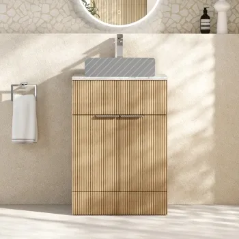 Havana Fluted Country Oak Cabinet with Marble Top 600mm (Excludes Counter Top Basin) - Chrome Handles