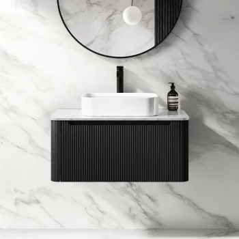 Sorrento Fluted Matt Black Wall Hung Drawer Vanity with Marble Top & Marin Basin 800mm