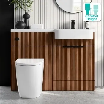 Sicily Fluted Black Walnut Combination Vanity Basin and Utah Comfort Height Toilet 1200mm - Black Accents - Right Handed