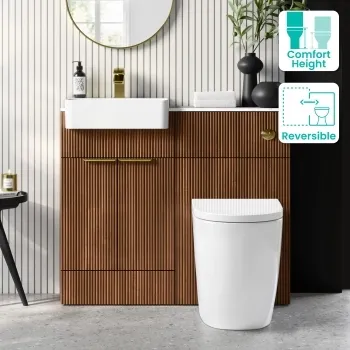 Sicily Fluted Black Walnut Combination Vanity Basin with Marble Top & Utah Comfort Height Toilet 1000mm - Brushed Brass Accents