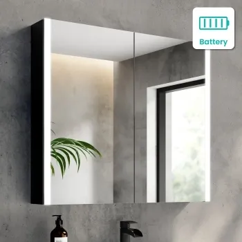 Selma Battery Operated Matt Black Illuminated LED Mirror Cabinet 700x800mm