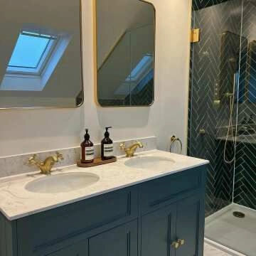 Lucia Inky Blue Double Vanity with Marble Top & Undermount Basins 1200mm - Brushed Brass Accents