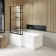 L Shaped 1500 Shower Bath with Front Panel & 6mm Easy Clean Matt Black Grid Bath Screen - Left Handed