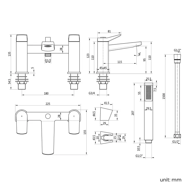 Aire Brushed Brass Bath Filler & Handheld Shower