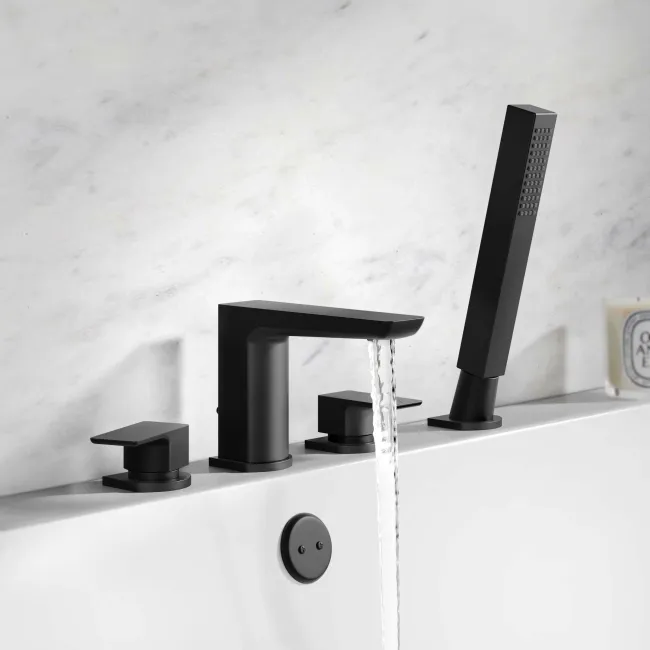 Ribble Matt Black Deck Mounted 4TH Bath Shower Mixer Tap & Handheld Shower