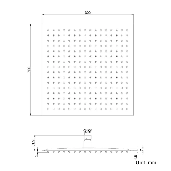 300mm Matt Black Square Stainless Steel Slim Shower Head