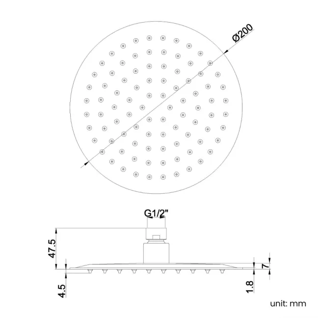 200mm Brushed Brass Round Stainless Steel Slim Shower Head