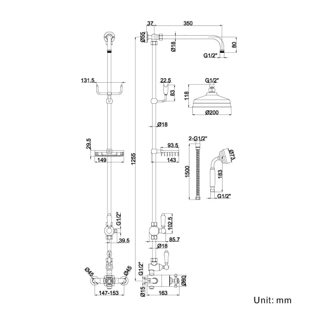 Shannon Brushed Brass Traditional Thermostatic Shower Set with Hand Shower and Soap Dish
