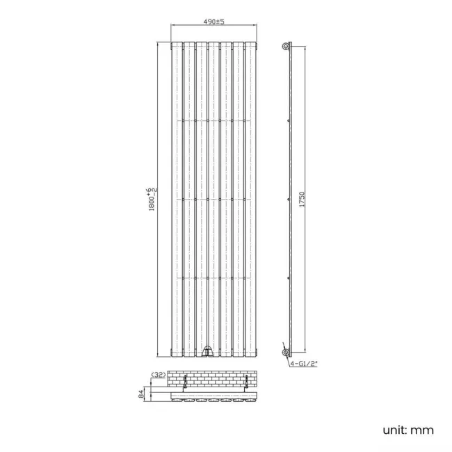 Faro Matt Black Single Flat Panel Vertical Radiator 1800x490mm