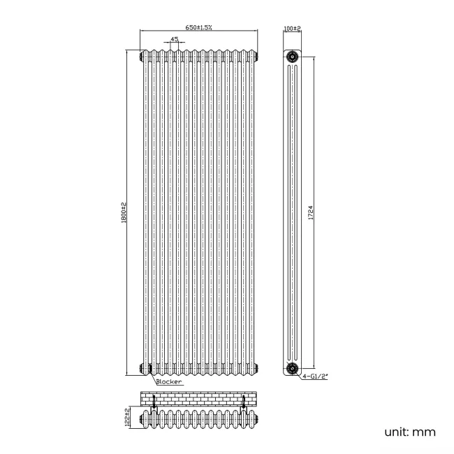 Athens White Triple Column Vertical Traditional Radiator 1800x650mm