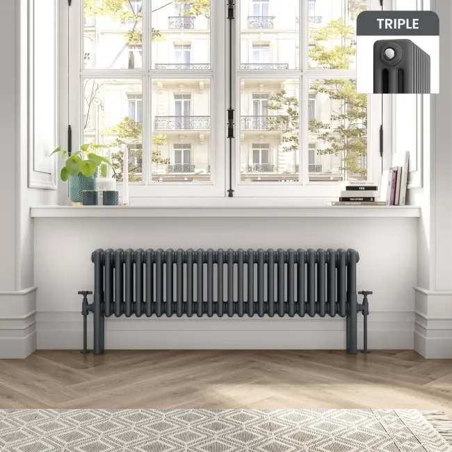 Athens Anthracite Triple Column Horizontal Traditional Radiator 300x1190mm