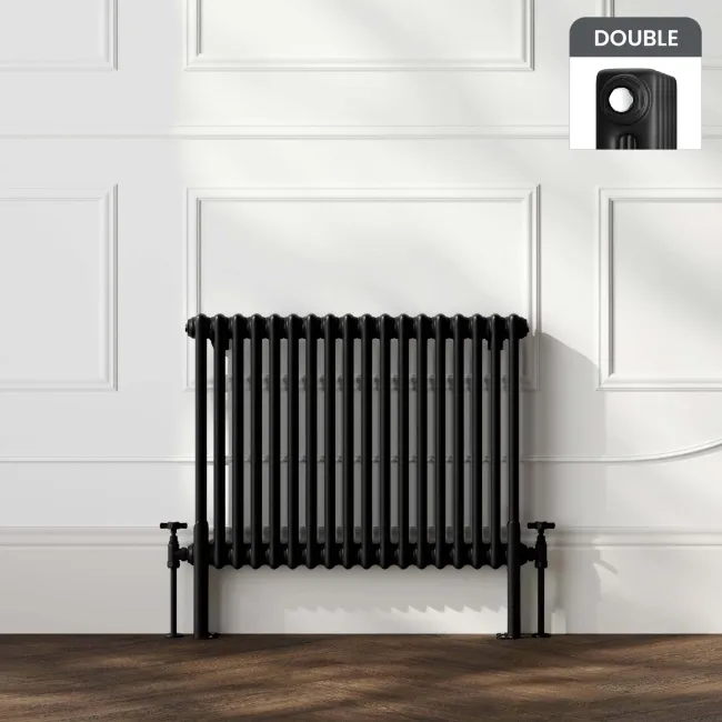 Athens Matt Black Double Column Horizontal Traditional Radiator 600x785mm