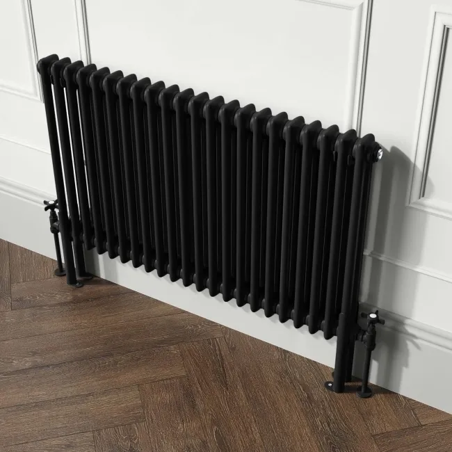 Athens Matt Black Double Column Horizontal Traditional Radiator 600x1010mm
