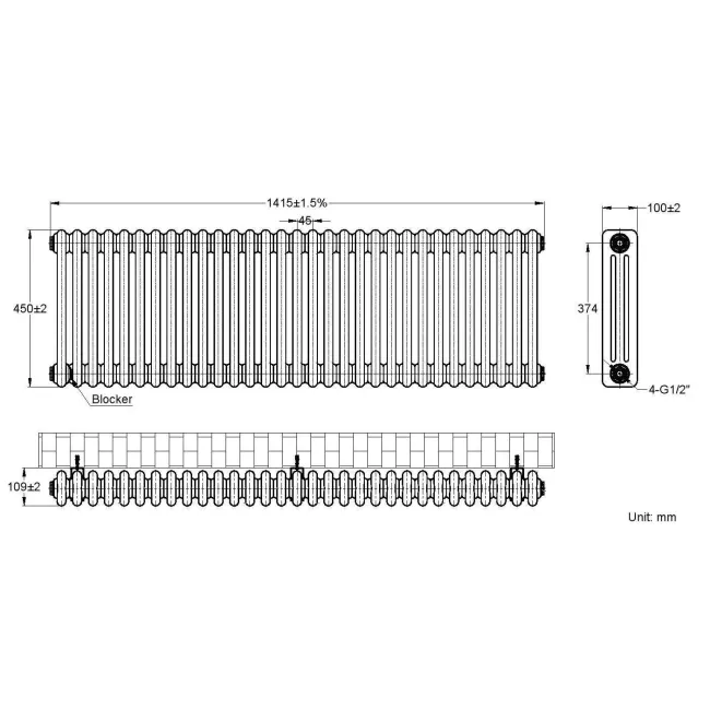 Athens Matt Black Triple Column Horizontal Traditional Radiator 450x1415mm