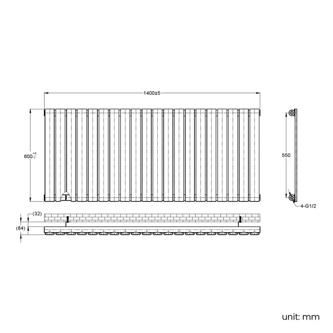 Faro Matt Black Single Flat Panel Horizontal Radiator 600x1400mm