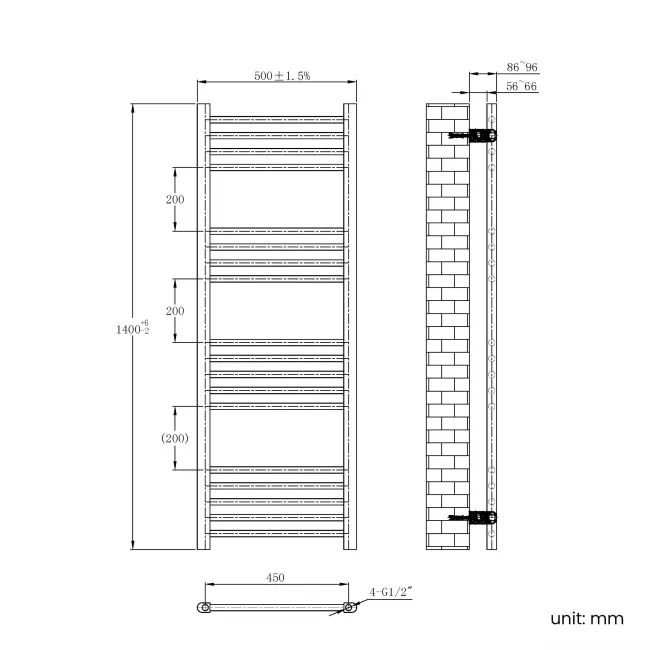 Barcelona Matt Black Straight Heated Towel Rail 1400x500mm