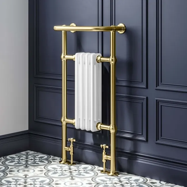 Gibraltar Small Brushed Brass Traditional Heated Towel Radiator (With Overhanging Rail)