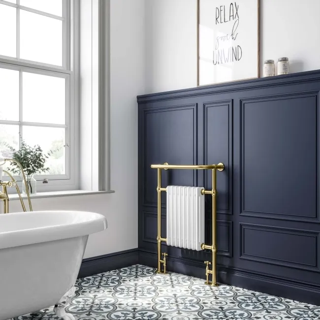 Gibraltar Large Brushed Brass Traditional Heated Towel Radiator (With Overhanging Rail)