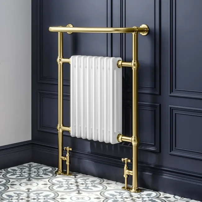 Gibraltar Large Brushed Brass Traditional Heated Towel Radiator (With Overhanging Rail)