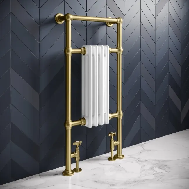Gibraltar Slimline Small Brushed Brass Traditional Heated Towel Radiator (Flat Top Rail)