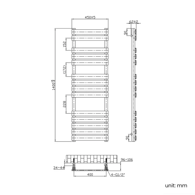 Santorini Matt Black Flat Panel Heated Towel Rail 1400x450mm