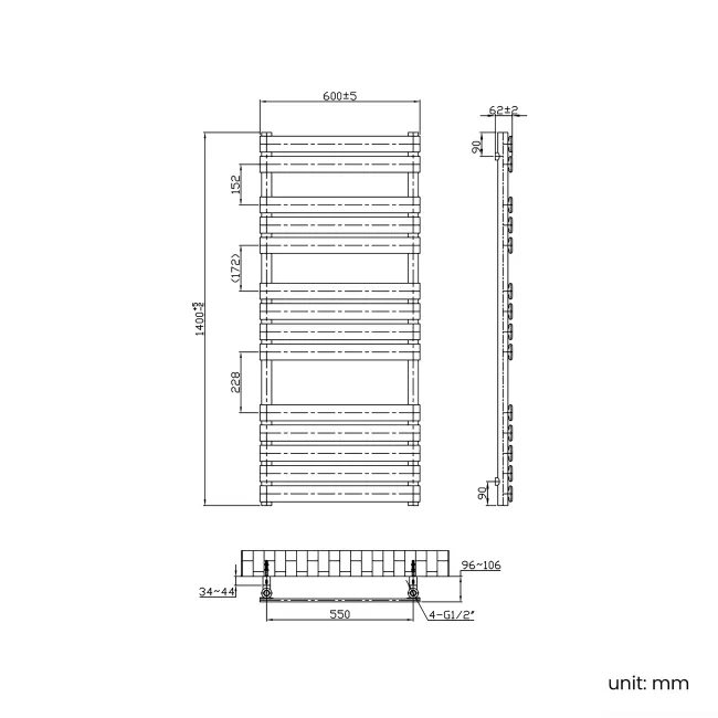 Santorini Matt Black Flat Panel Heated Towel Rail 1400x600mm