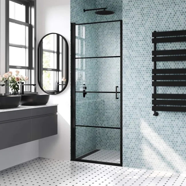 Toulon Matt Black Grid Easy Clean 6mm Pivot Shower Door 700mm