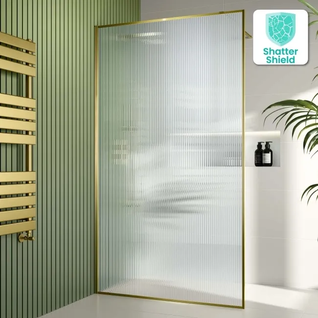 Munich Fluted Effect Brushed Brass Easy Clean 8mm Wet Room Shower Glass Panel 1200mm