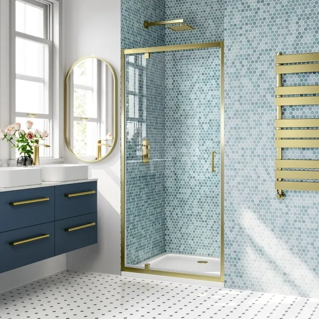 London Brushed Brass 6mm Pivot Shower Door 900mm