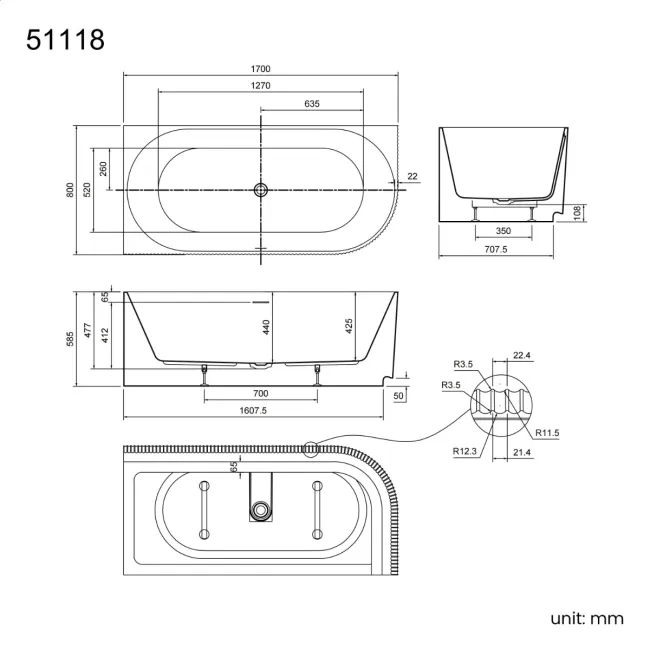 Barnet 1700mm Fluted Curved Corner Bath - Left Handed