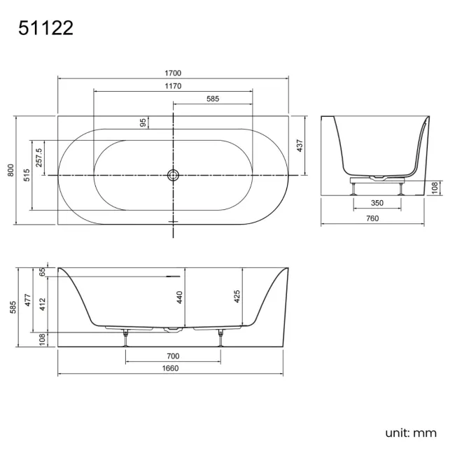 Merton 1700mm Curved Corner Bath - Left Handed