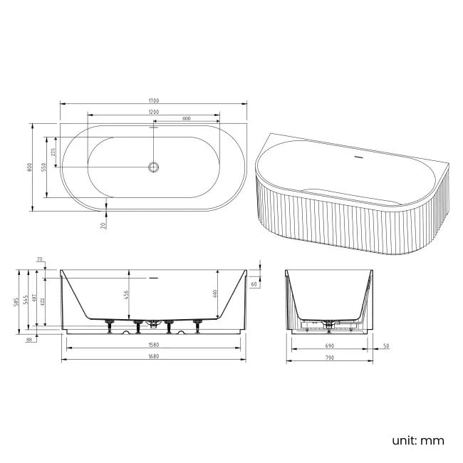 Finchley 1700mm Fluted Back To Wall Bath