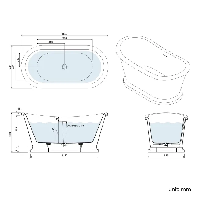 Mayfair 1500mm Graphite Grey Freestanding Roll Top Slipper Bath