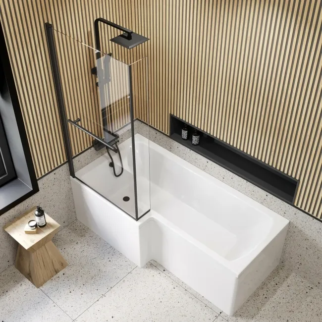 6mm L Shaped Easy Clean Bath Screen with Towel Rail - Matt Black