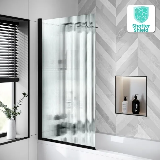 Geneva Fluted Effect Matt Black Easy Clean 6mm Bath Screen - 800mm