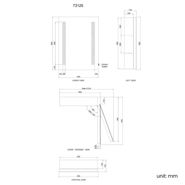 Emielia Battery Operated Illuminated LED Cloakroom Mirror Cabinet 600x450mm
