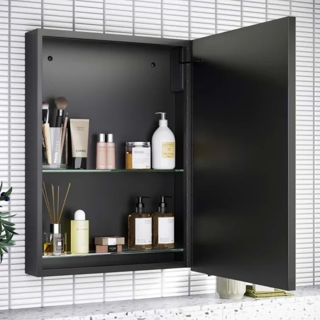 Mia Battery Operated Black Framed Illuminated LED Mirror Cabinet 710x500mm