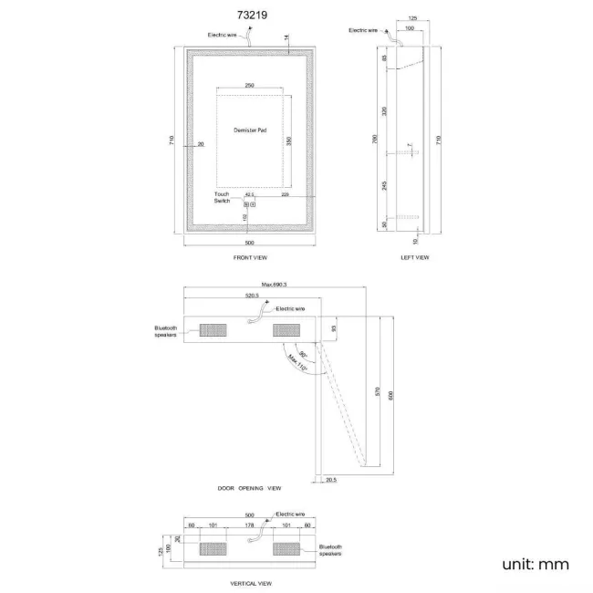 Mia Black Framed Illuminated LED Mirror Cabinet With BLUETOOTH Speaker 710x500mm