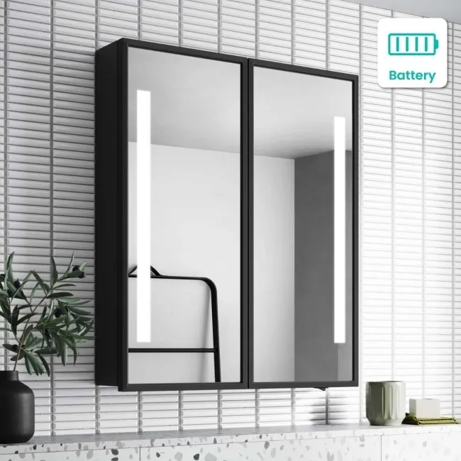 Mia Battery Operated Black Framed Illuminated LED Mirror Cabinet 710x600mm