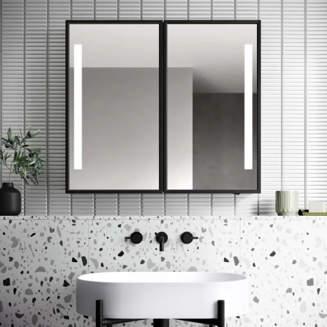 Mia Battery Operated Black Framed Illuminated LED Mirror Cabinet 710x800mm
