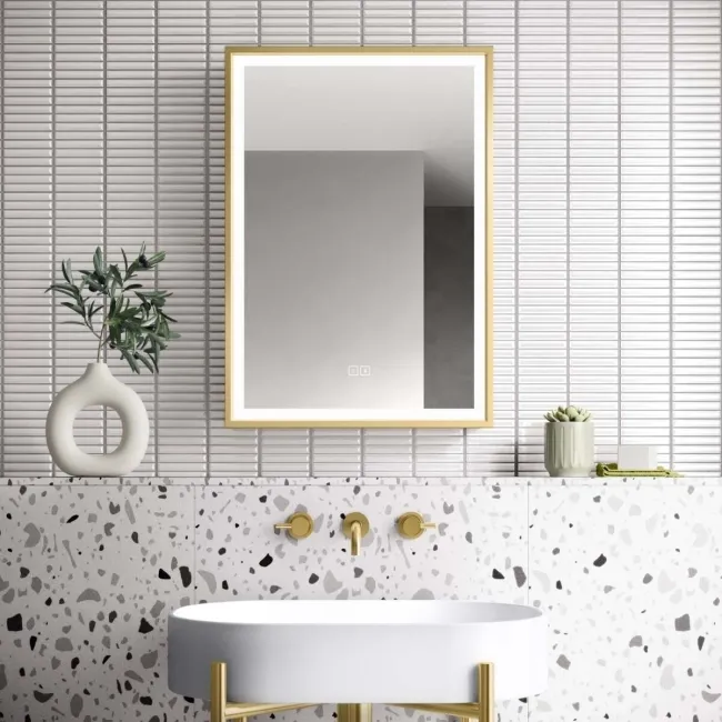 Mia Matt Brass Illuminated LED Mirror Cabinet With BLUETOOTH Speaker 710x500mm