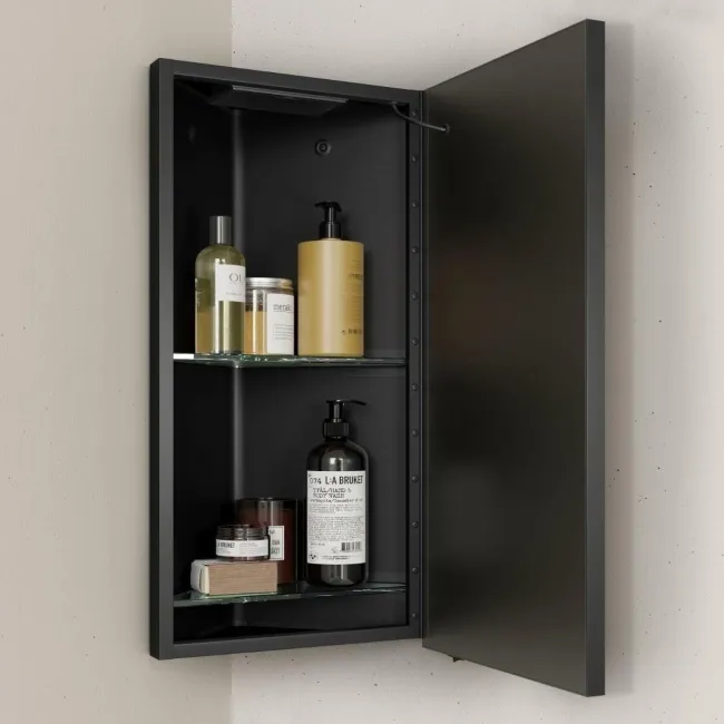 Madelyn Battery Operated Black Framed Illuminated LED Corner Mirror Cabinet 600mm Tall