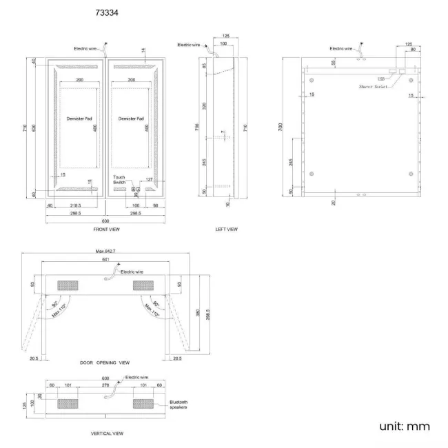 Mia Black Framed Illuminated LED Mirror Cabinet With BLUETOOTH Speaker & USB Port 710x600mm