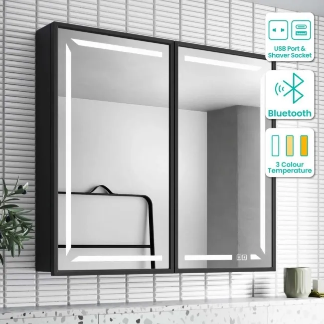 Mia Black Framed Illuminated LED Mirror Cabinet With BLUETOOTH Speaker&USB Port 710x800mm