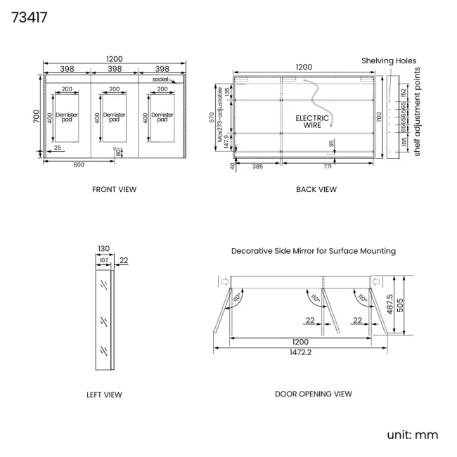 Selma Matt Black Illuminated LED Recessed Mirror Cabinet 700x1200mm