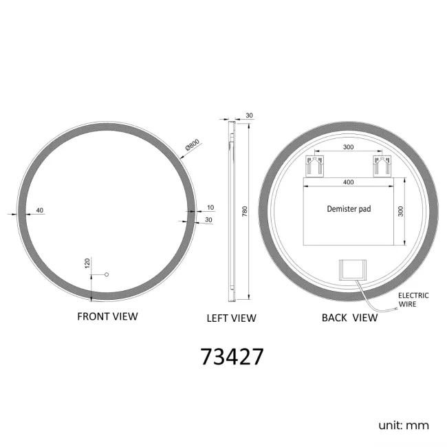 Delilah Black Framed Round Illuminated LED Mirror 800mm