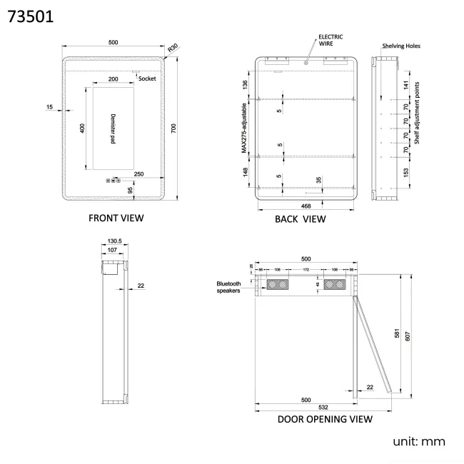 Aurora Matt Black Illuminated LED Mirror Cabinet With BLUETOOTH Speaker 700x500mm
